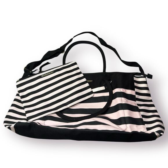 Victoria’s Secret Pink Stripe Weekend Bag Getaway Travel Large Tote Set BNWT - Picture 1 of 8